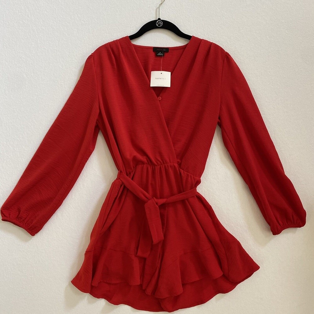 New Fraiche by J Flare Tie Waist Long Sleeve Puff Romper Womens Sz S Red Crepe